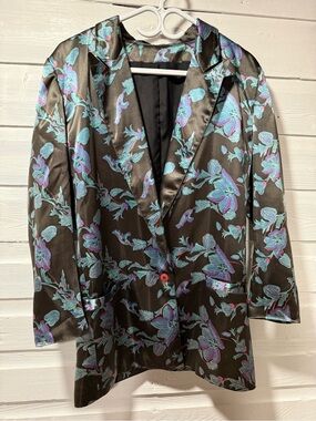 Vintage Black Satin Floral Blazer with Teal & Purple Embroidery